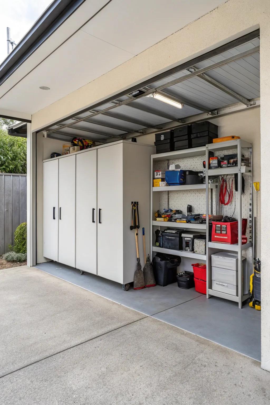 A carport with integrated storage, perfect for organizing tools and outdoor equipment.