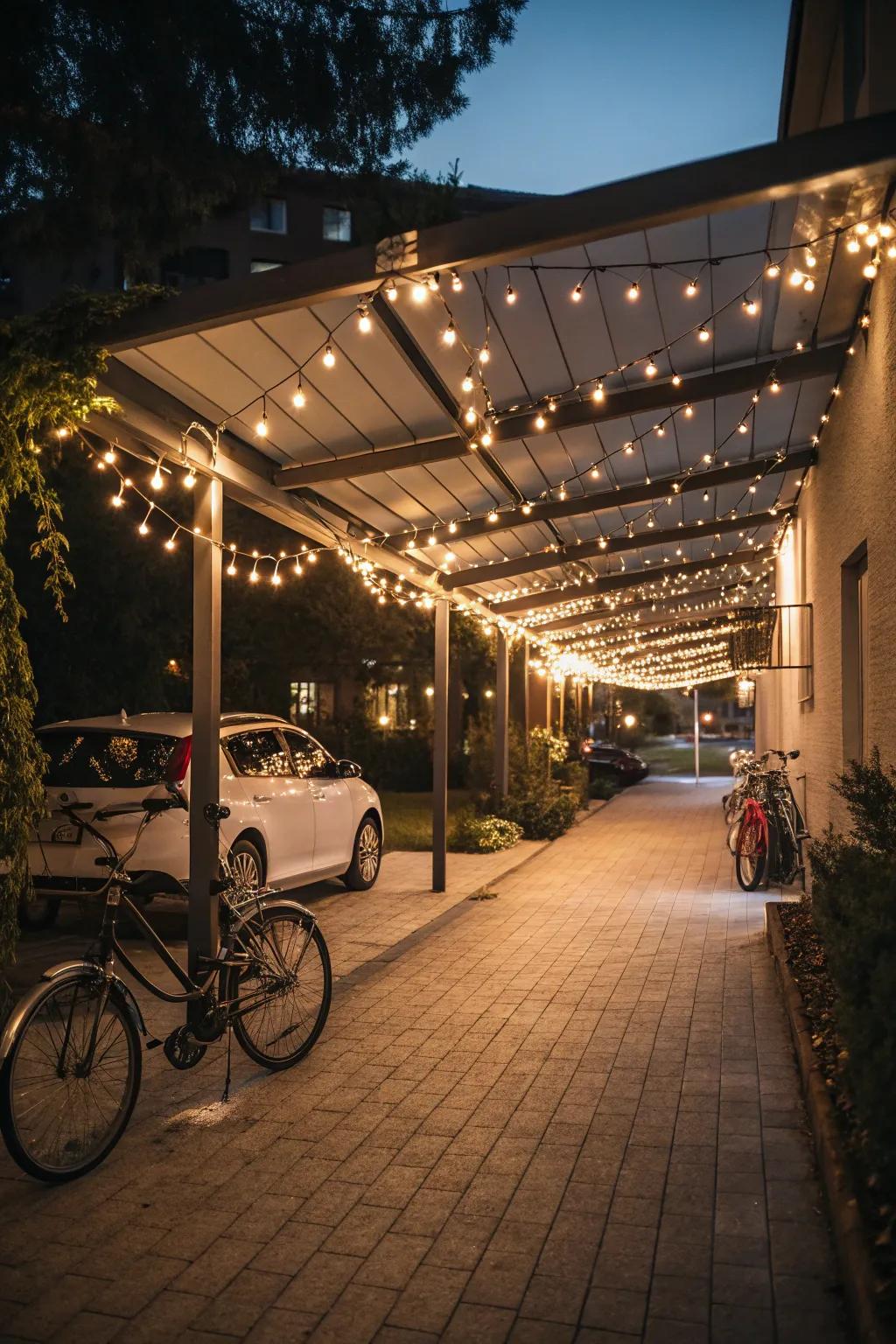 Draped lights contribute a dash of enchantment to your carport.