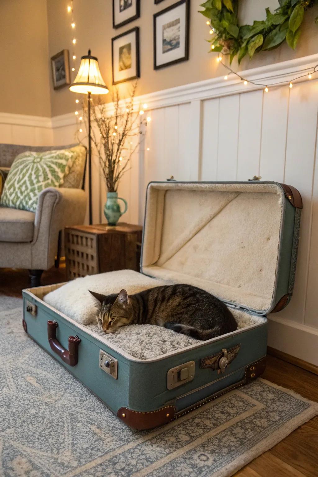 A retro suitcase converted into a charming cat sanctuary.