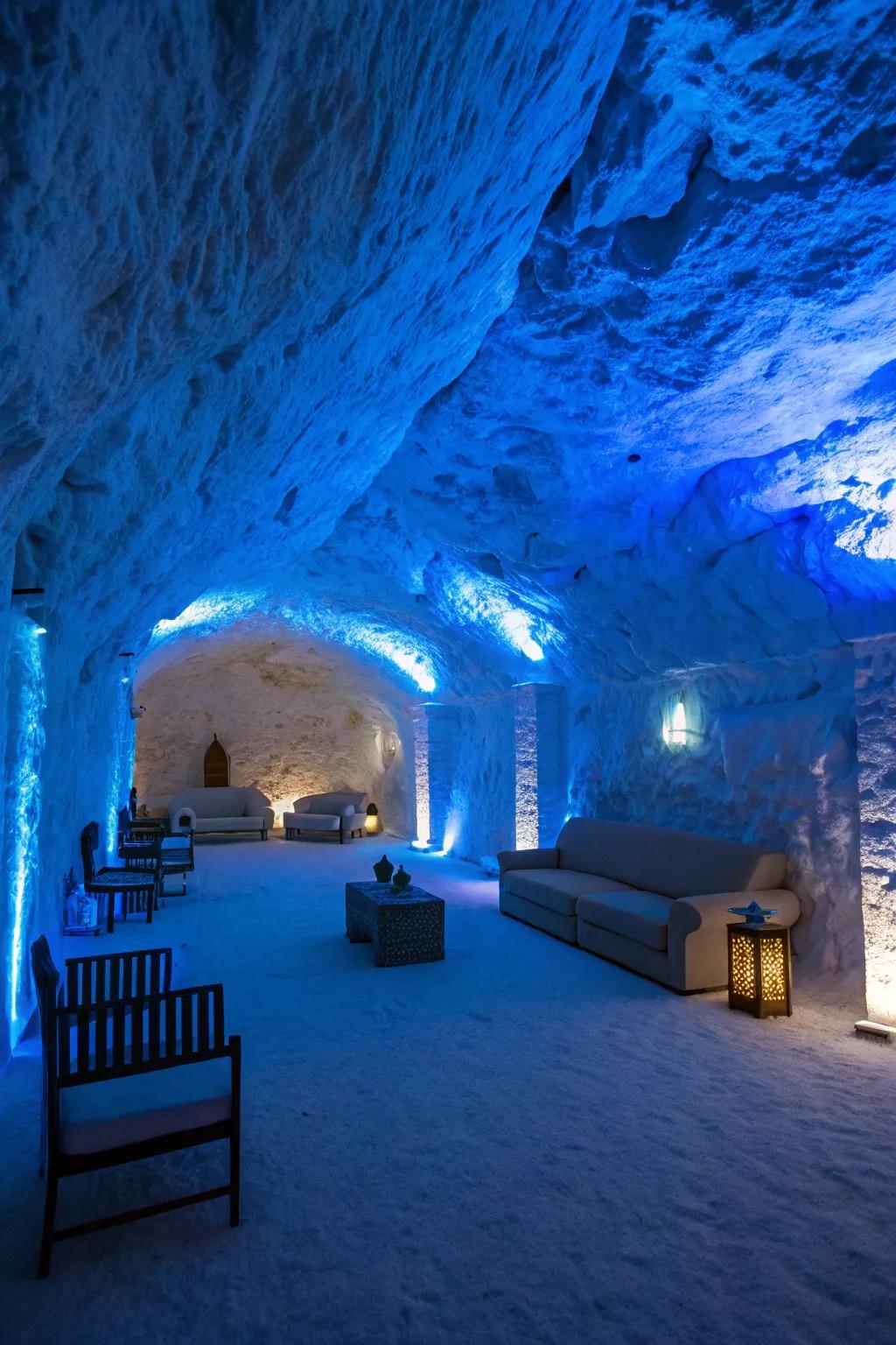 Azure LED lights give off an ethereal cave ambiance.