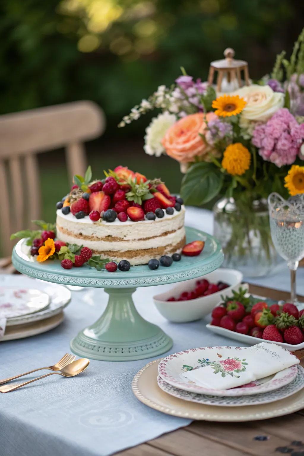 Chic and high-rise centerpiece with a tiered dessert stand base.