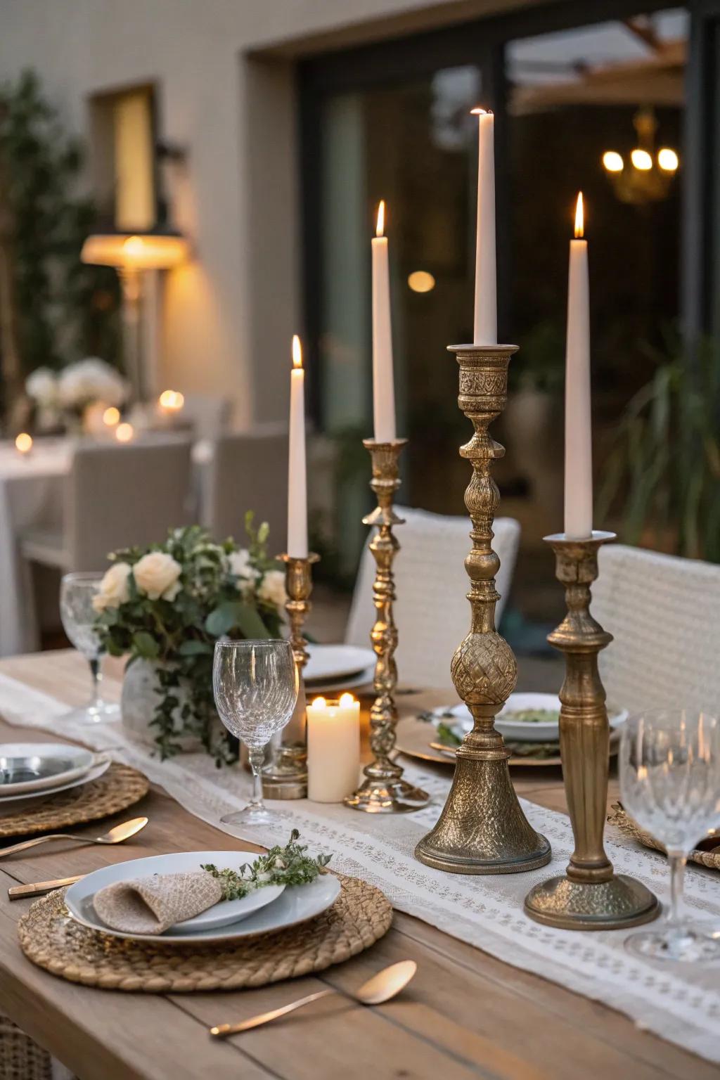 Candles of different heights bring warmth and elegance.