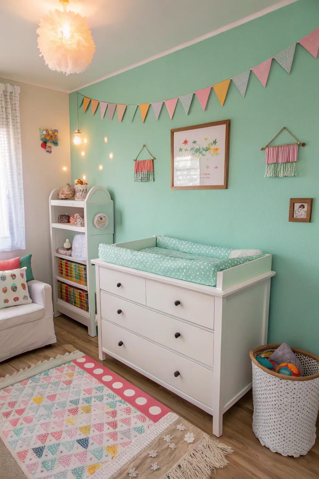 A green-colored wall adds a lively burst of color to the baby room.