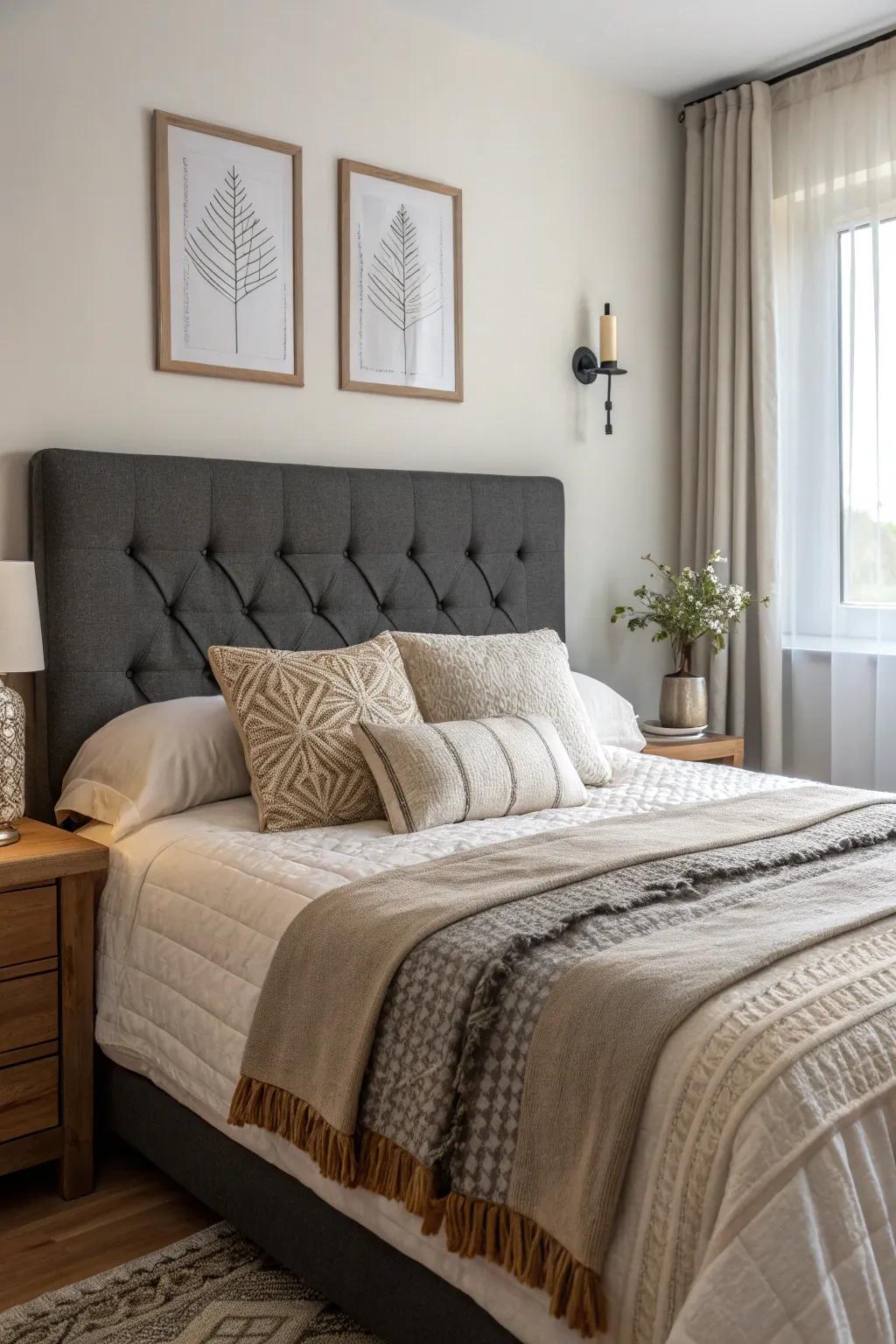 Layered textured bedding adds depth and comfort to a dark grey headboard.