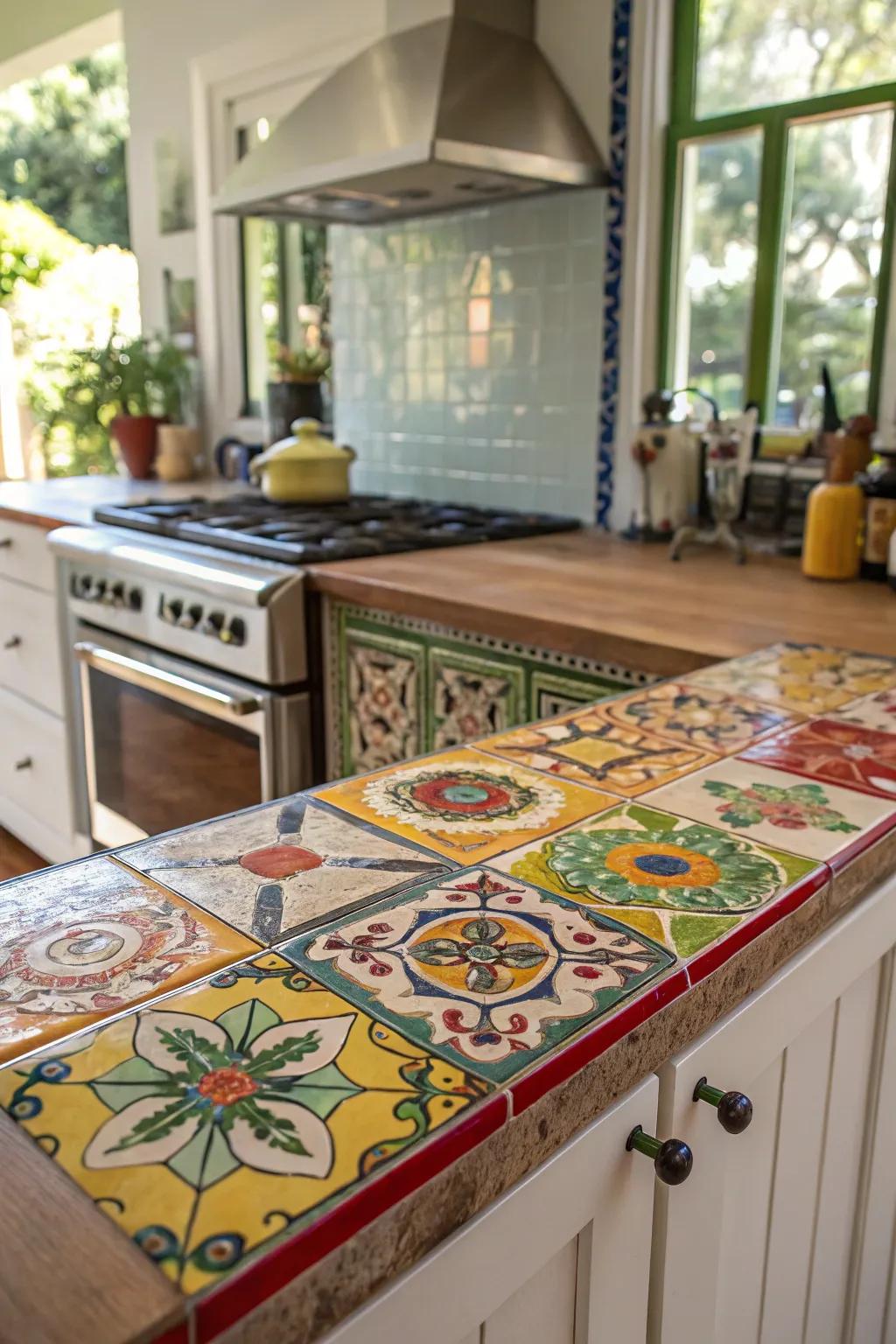 Lively clay tile countertops with colorful designs.