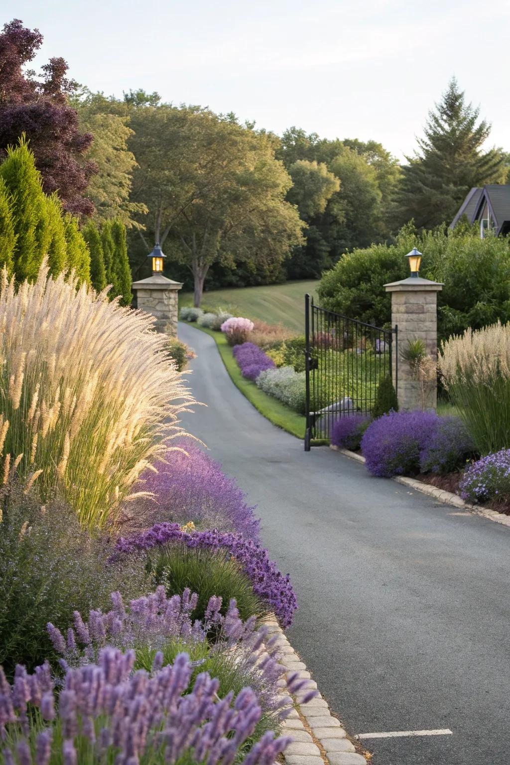 Minimal-care greenery can beautifully frame your driveway entrance.
