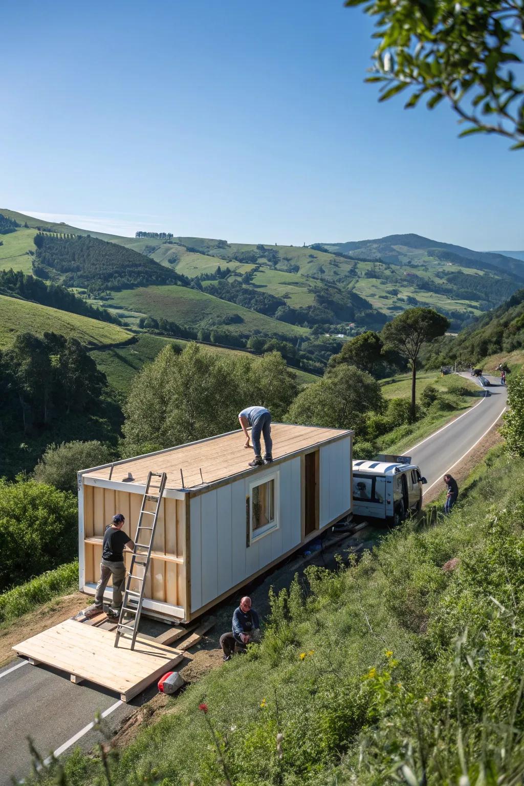 An efficient and stylish modular sanctuary set against a serene backdrop.