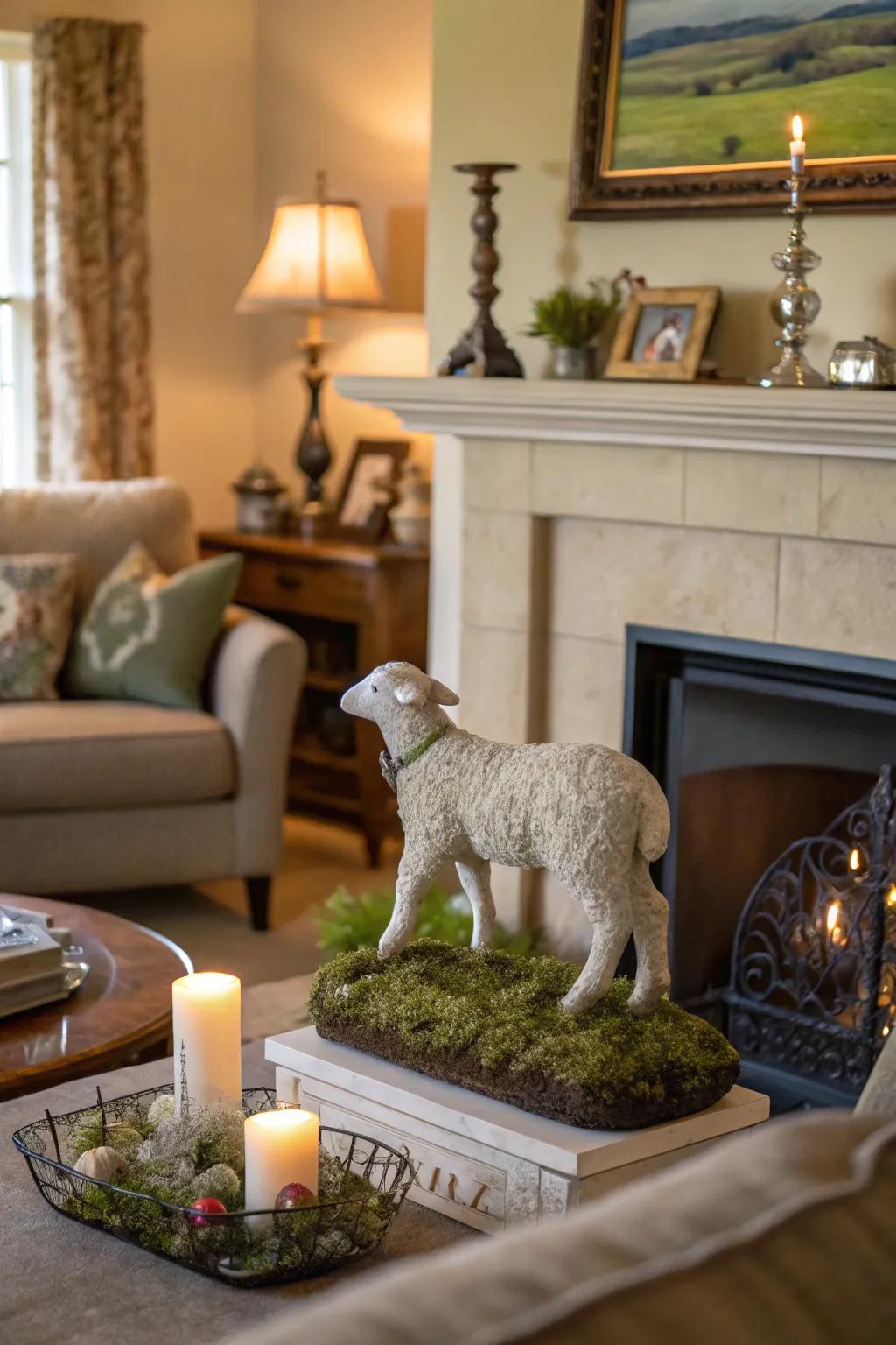 A sculpture of a peaceful lamb adds a peaceful feel to your fireplace.