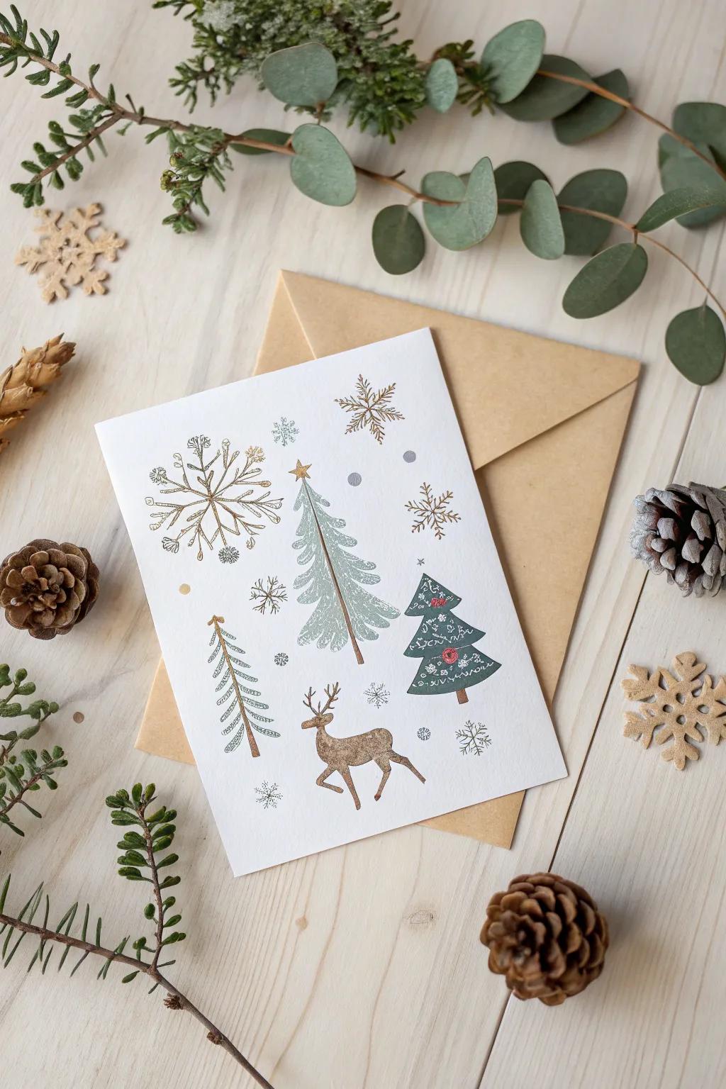 Design your winter wonderland featuring lovely adhesive-backed decorations on simple Christmas greetings.