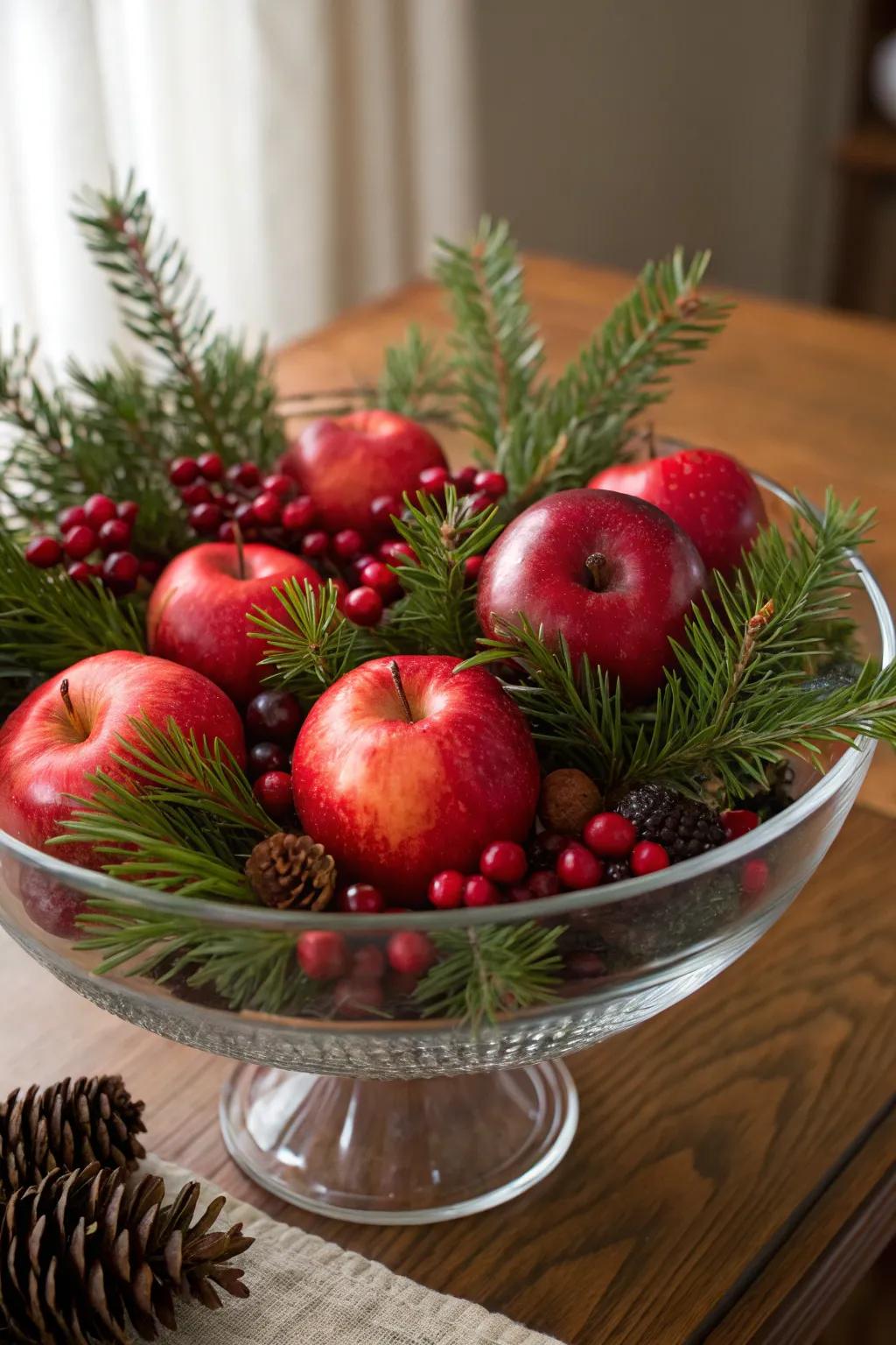 Produce and foliage bring a vibrant elegance to your Christmas table.