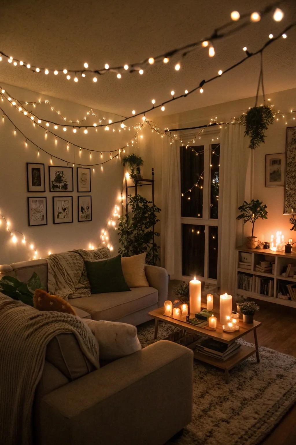 Gentle lighting transforms a living room into a comfortable Christmas sanctuary.