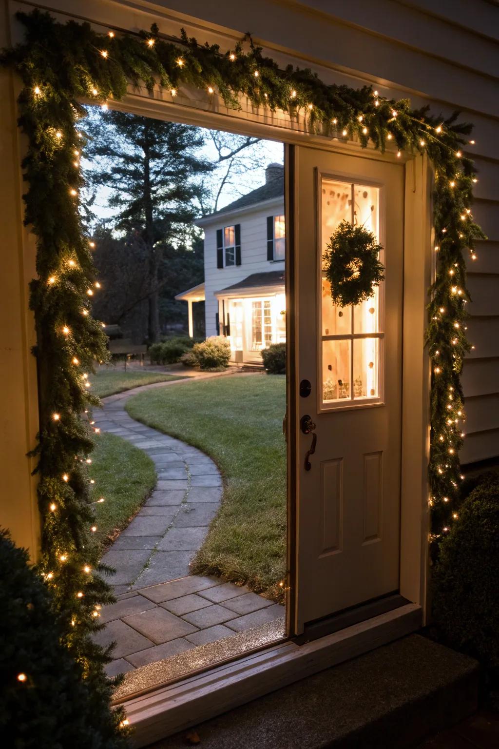 A luminous entrance featuring a garland of lights.