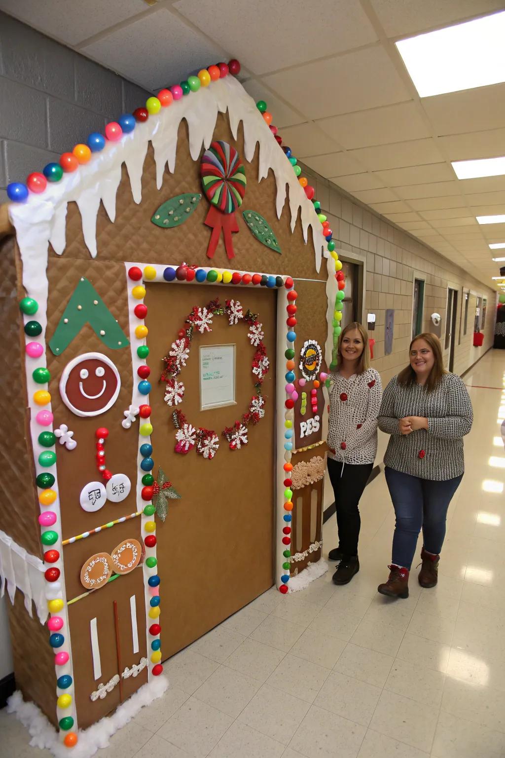 A charming gingerbread-themed school entryway.