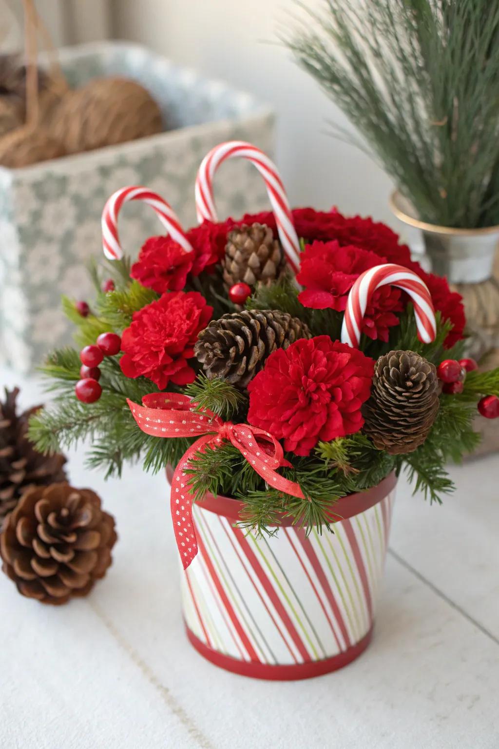 A playful Yuletide flower bundle showcasing twisted sticks and crimson petals.