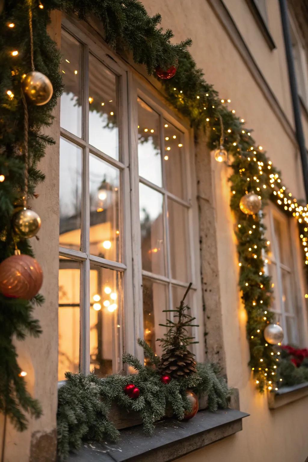 Garlands intertwined with lights fashion a rich and celebratory window display.