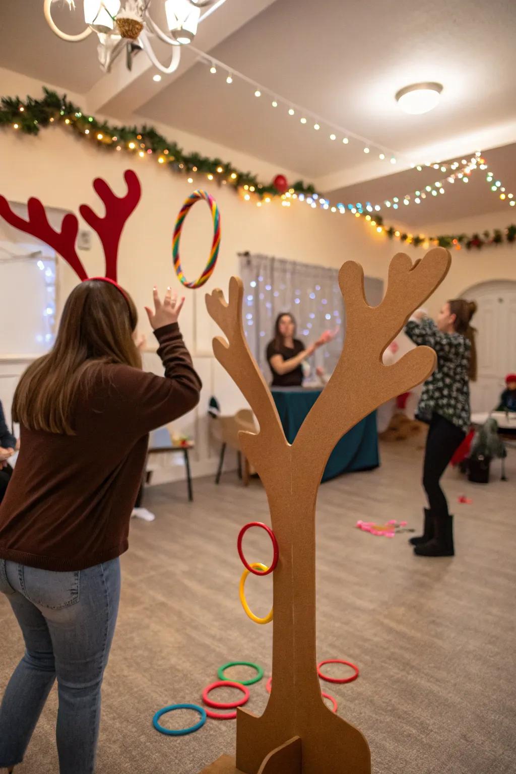Caribou band toss activity conveying delight and challenge to the Christmas Games.