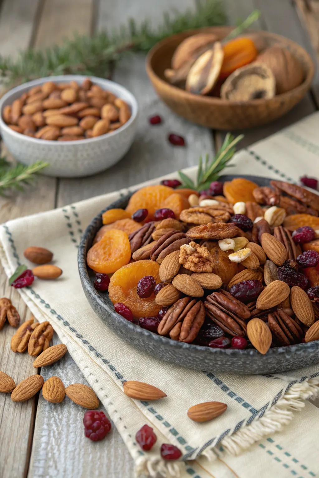 Assortment of nuts and dried fruits for a festive appetizer.