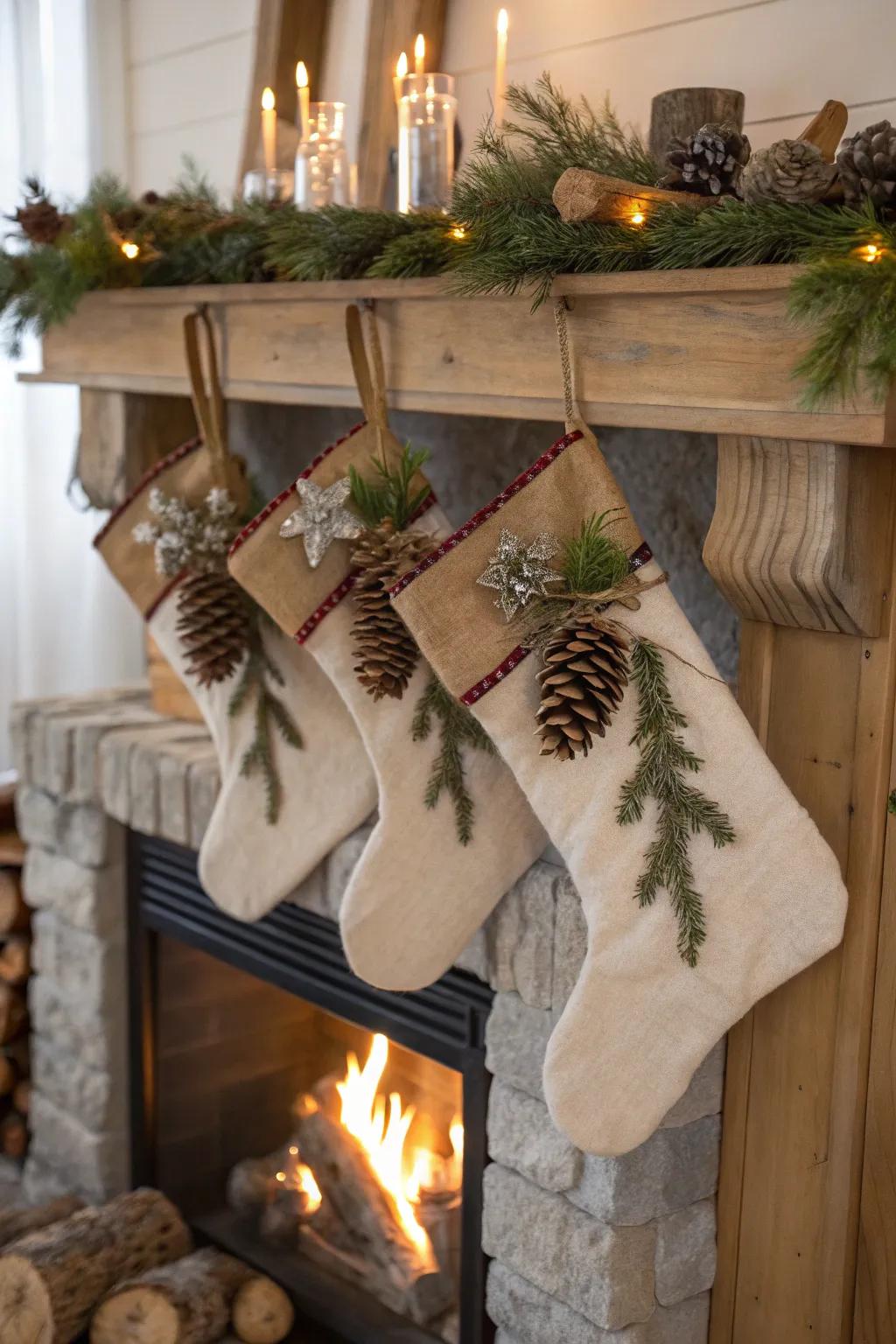 Nature-inspired stockings add a warm, forest-like vibe to the holidays.