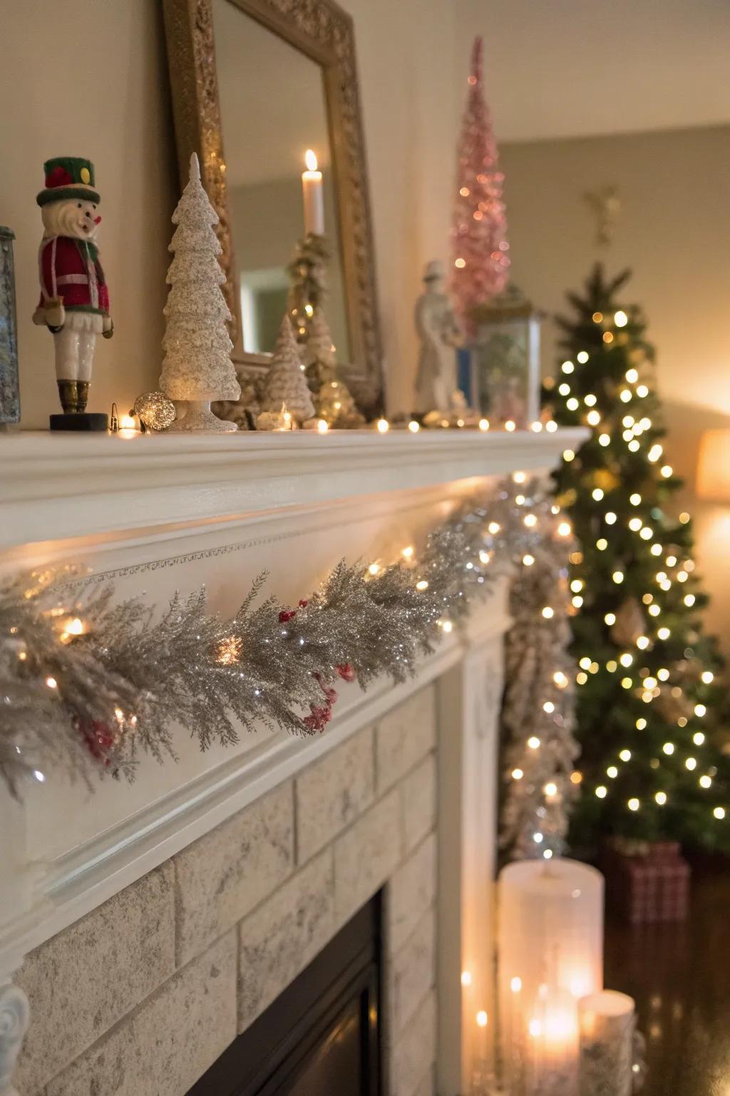 A glamorous mantel radiating festive cheer with sparkle ribbons and holiday accents.