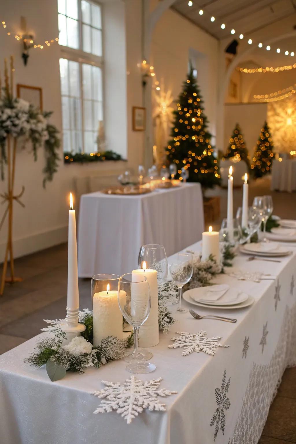 A pure white winter wonderland table presentation.