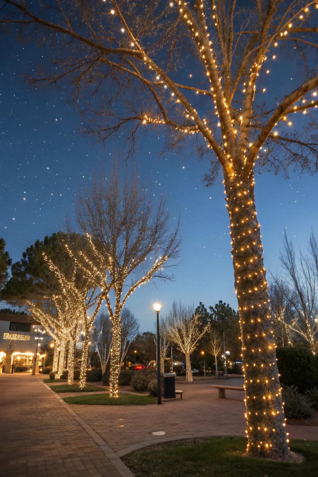 Trees gracefully wrapped with warm white seasonal lights.
