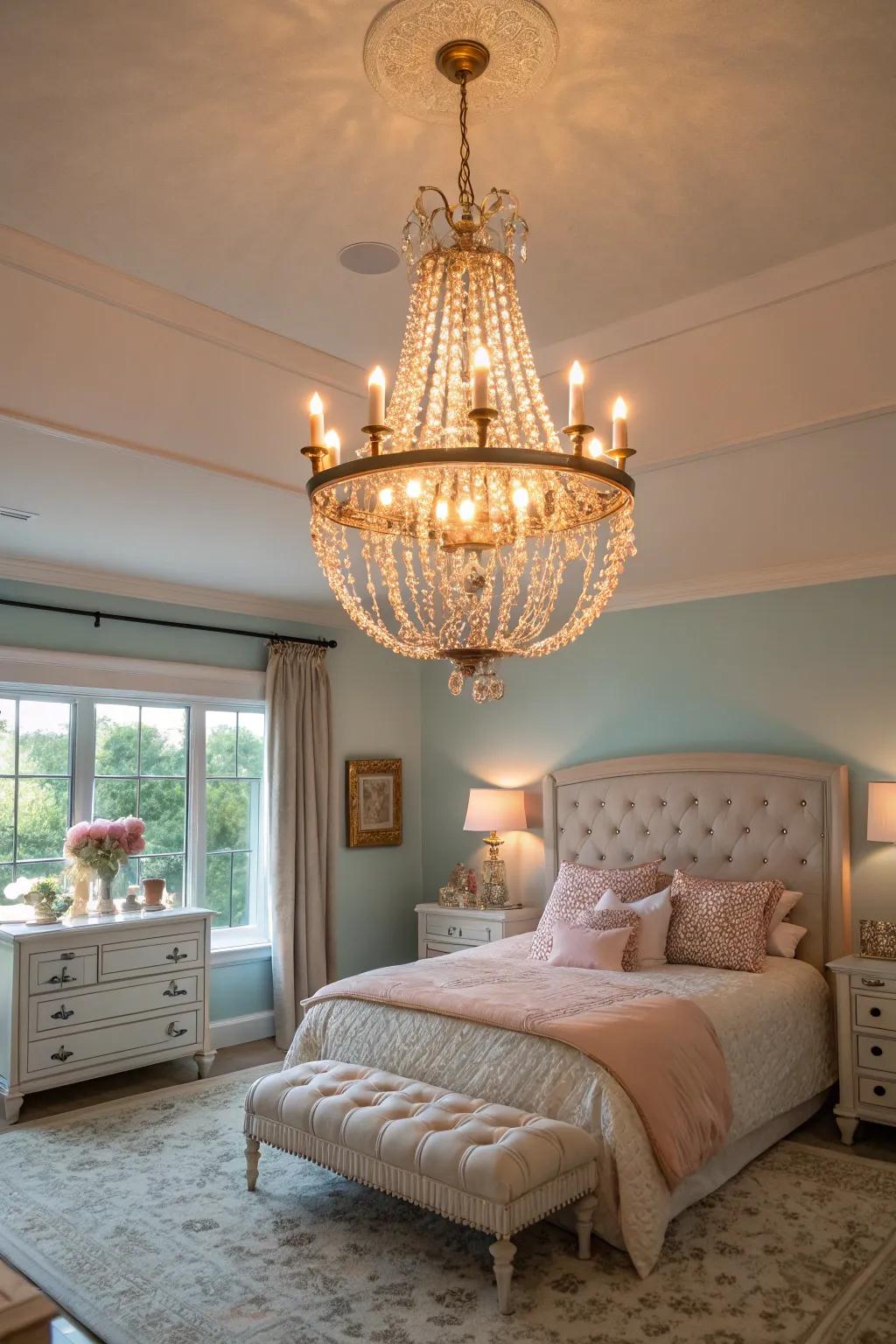 A striking chandelier elevates the room's elegance.