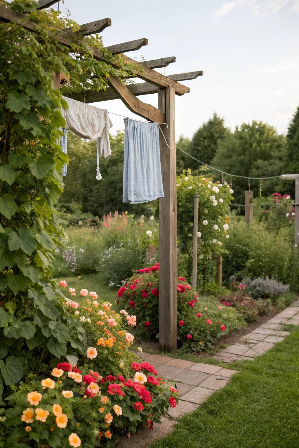 A trellis clothesline that integrates seamlessly with garden plants.