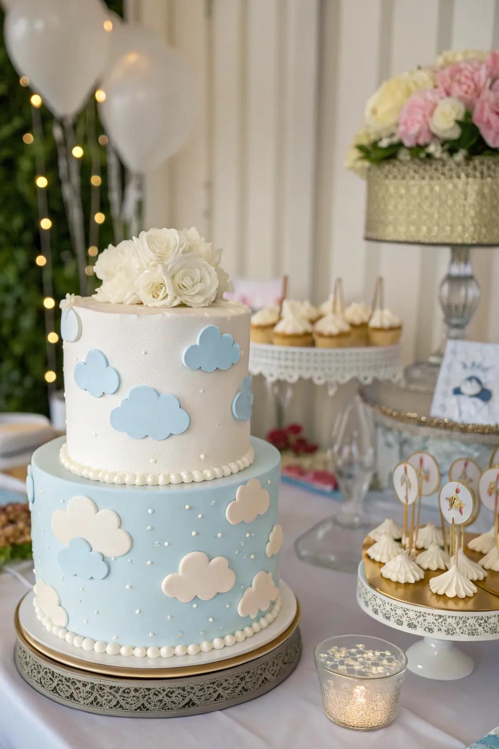 A cumulus-styled cake works as a delightful centerpiece, contributing sweetness to the festivities.