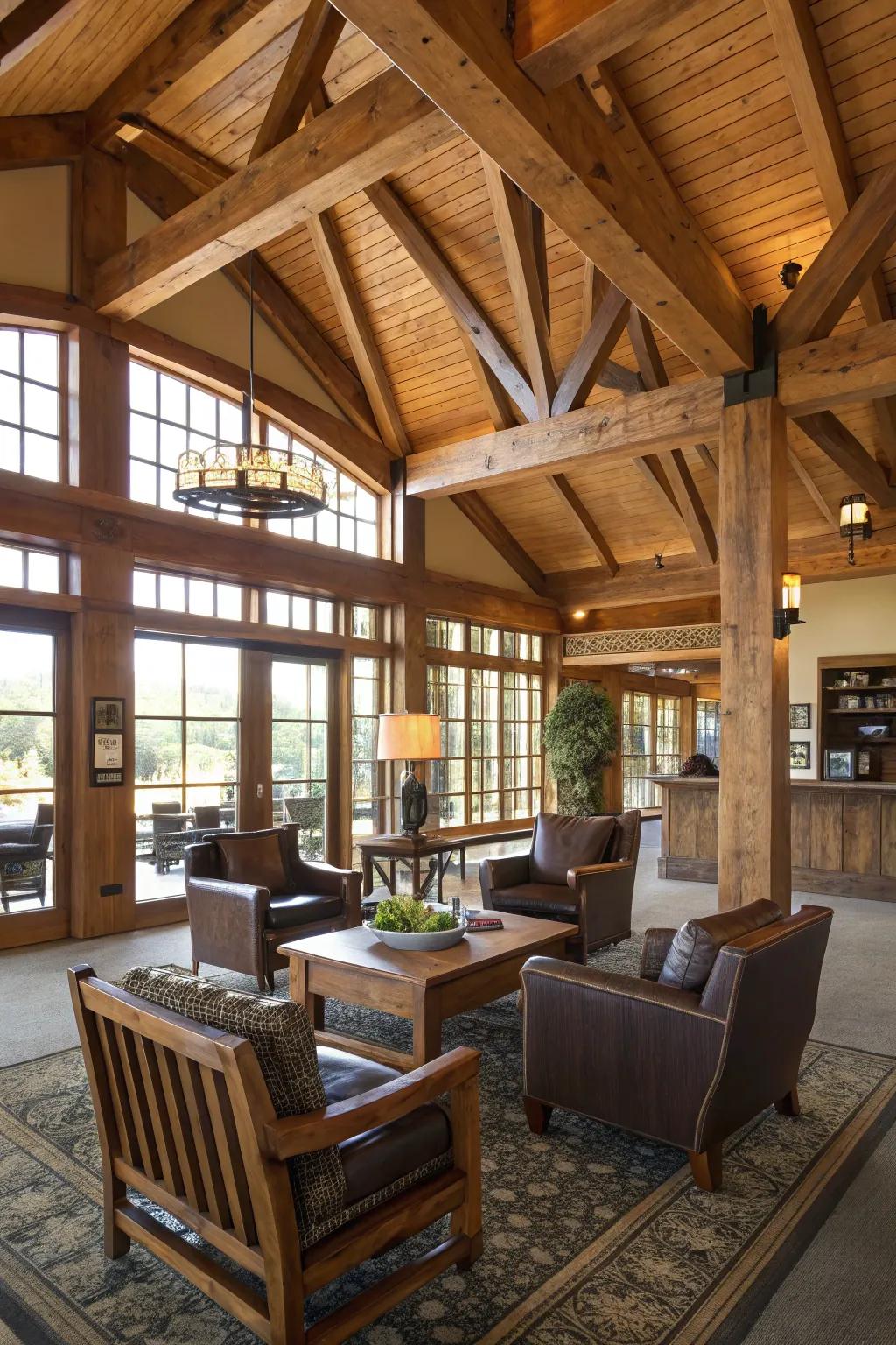 Rustic features with timber beams and furniture inside a clubhouse.