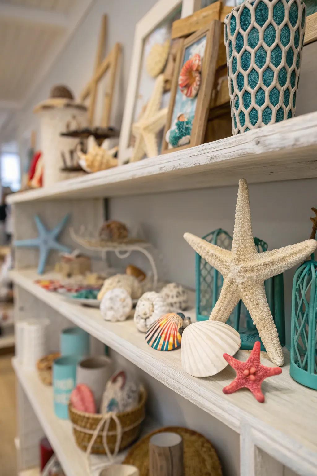 A shelf adorned with nautical treasures and coastal accents.