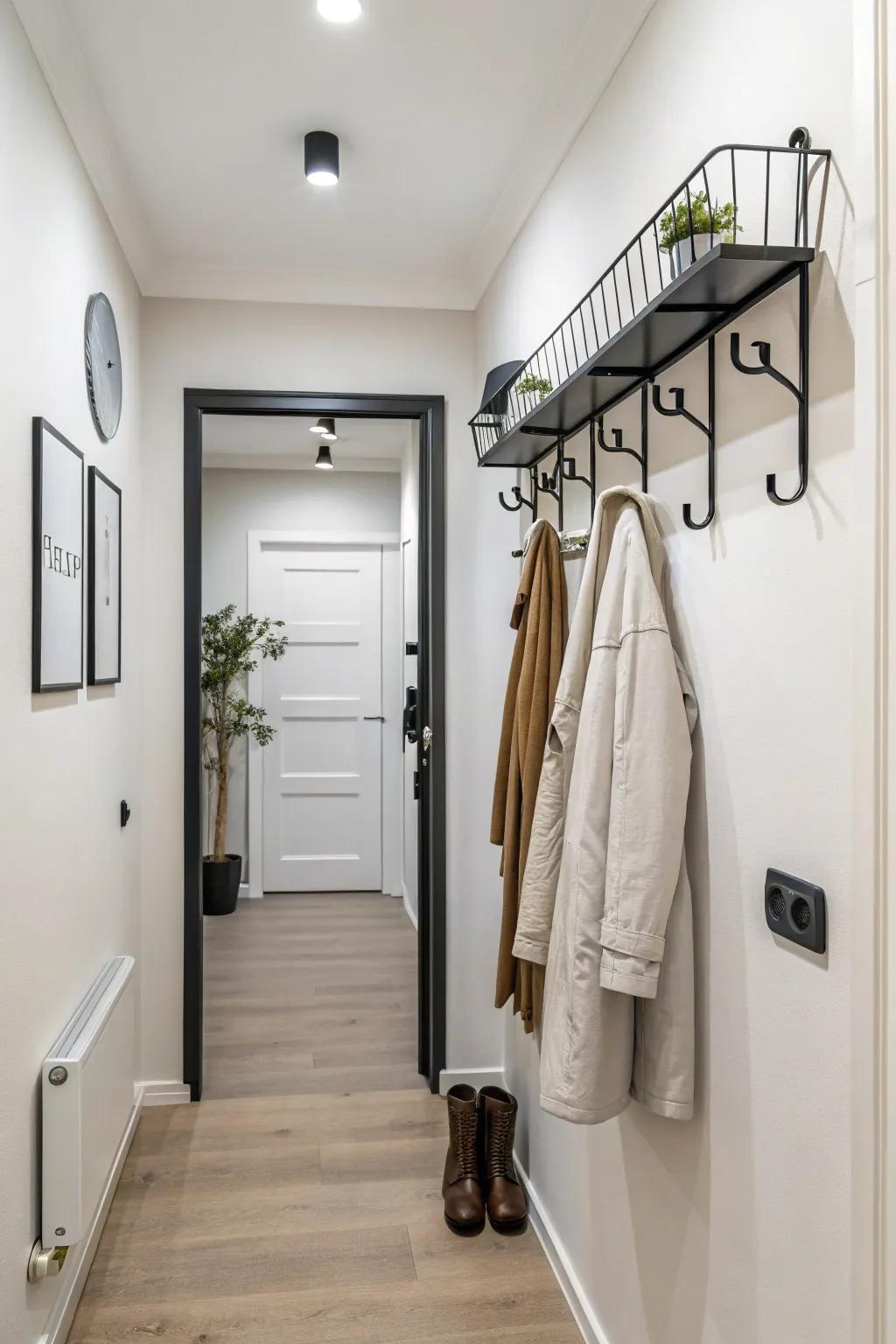 A minimalist wall-affixed coat rack, ideal for limited spaces where simplicity is key.