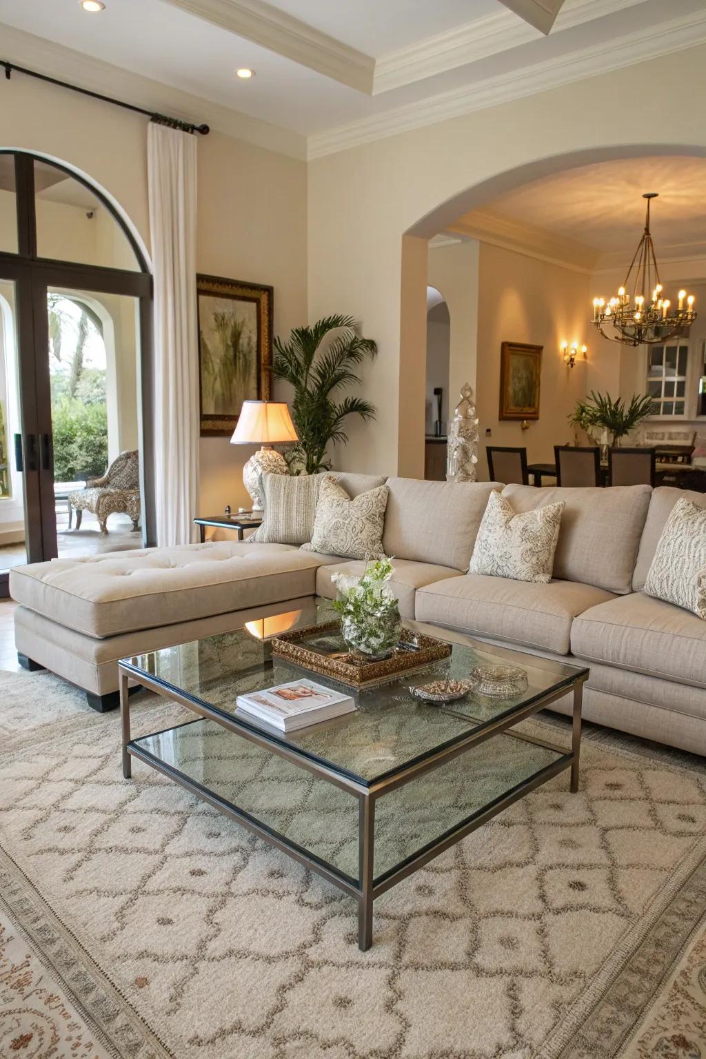 A glass coffee table brightens the area, beautifully complementing the sectional.