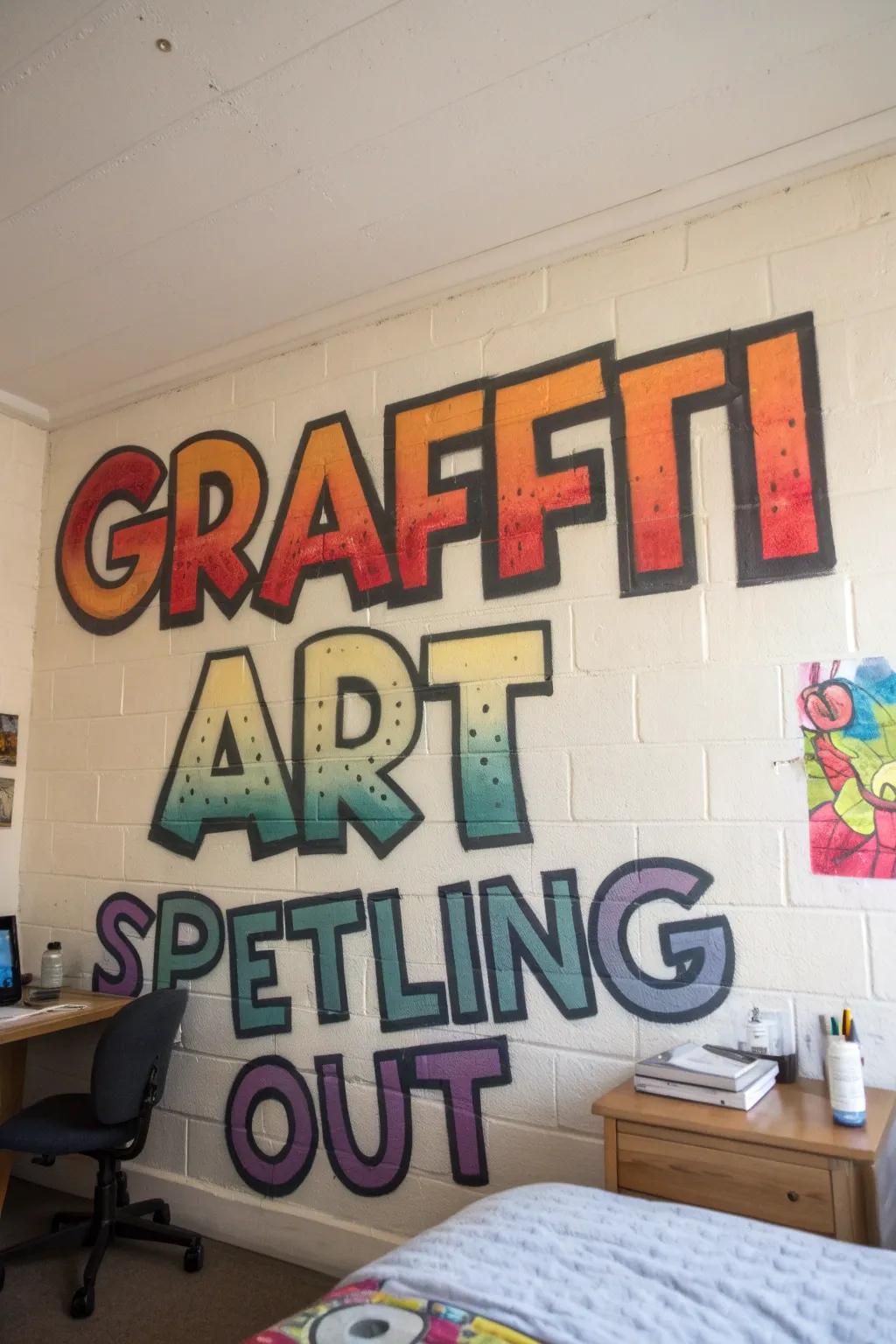 A bedroom wall personalized with dynamic name graffiti art.