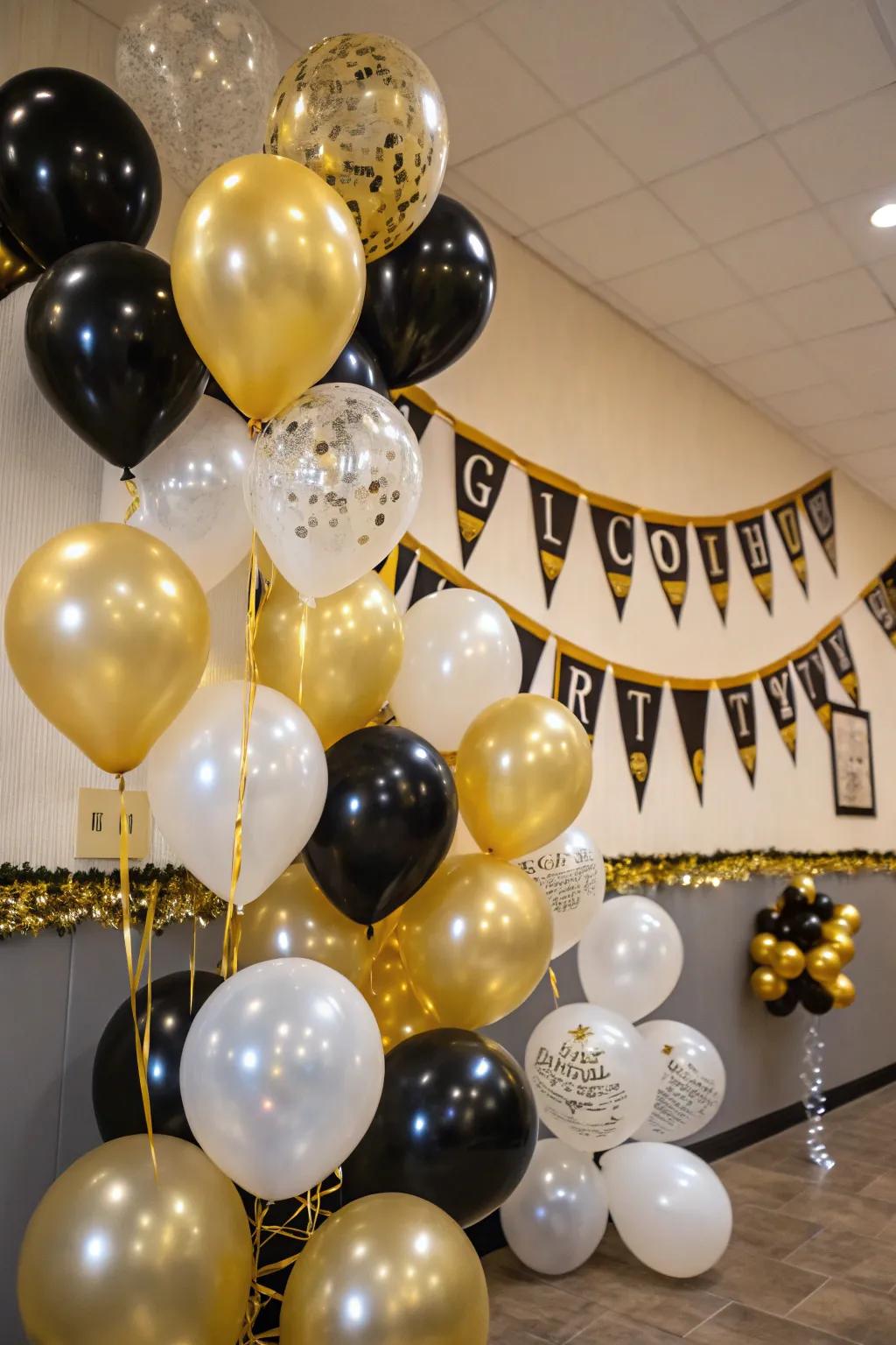 Color-coordinated balloons establishing a festive atmosphere for the combined celebration.