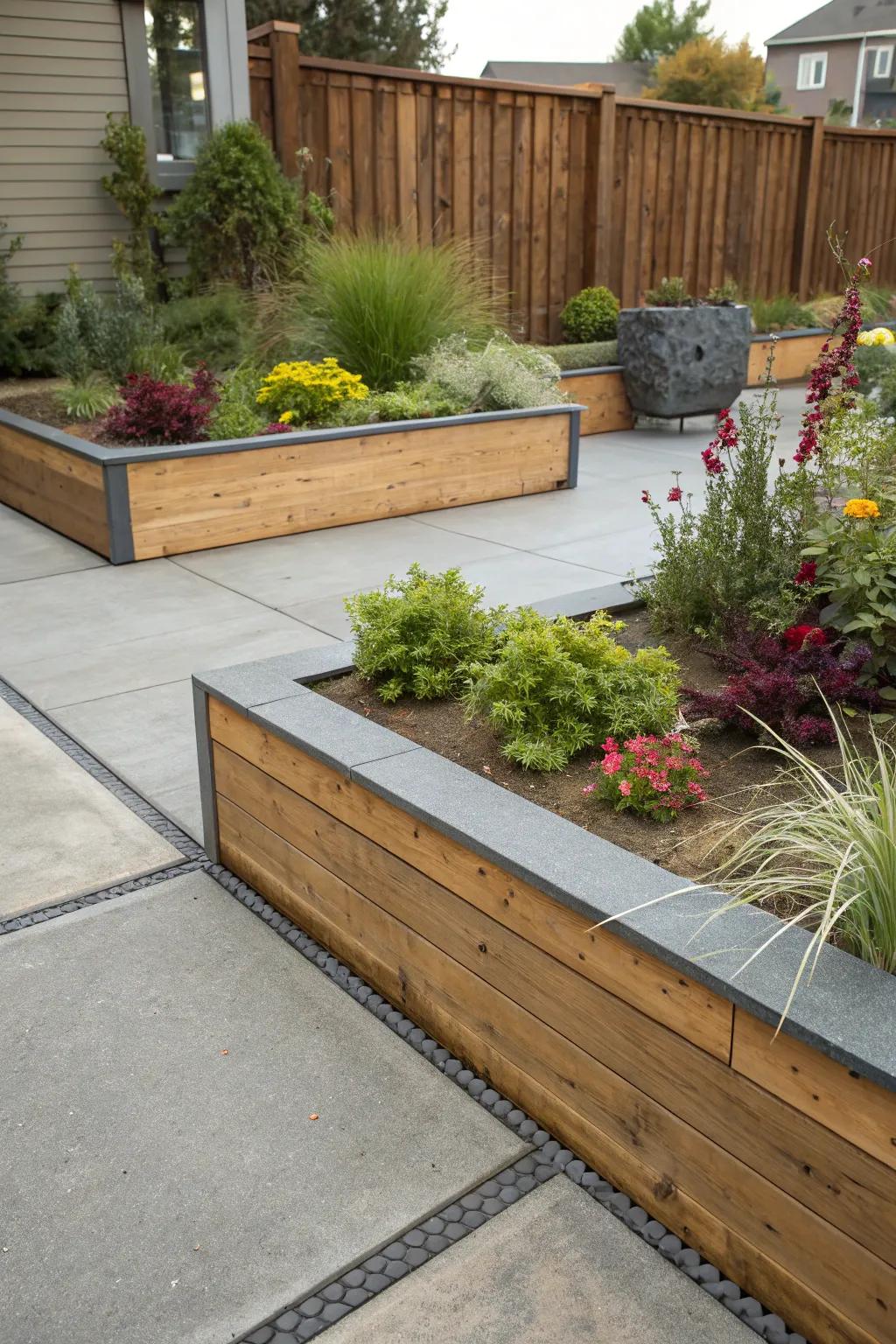 Material contrasts inject a modern sensibility into patio borders.