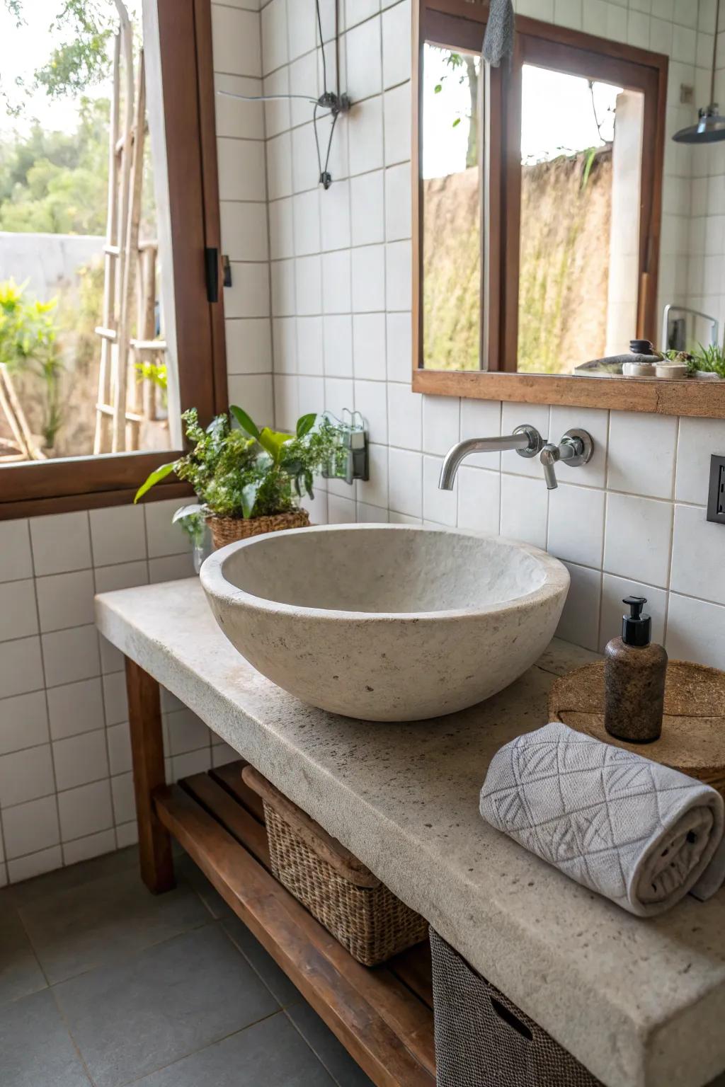 Unusually shaped concrete sink adds uniqueness to the bathroom.