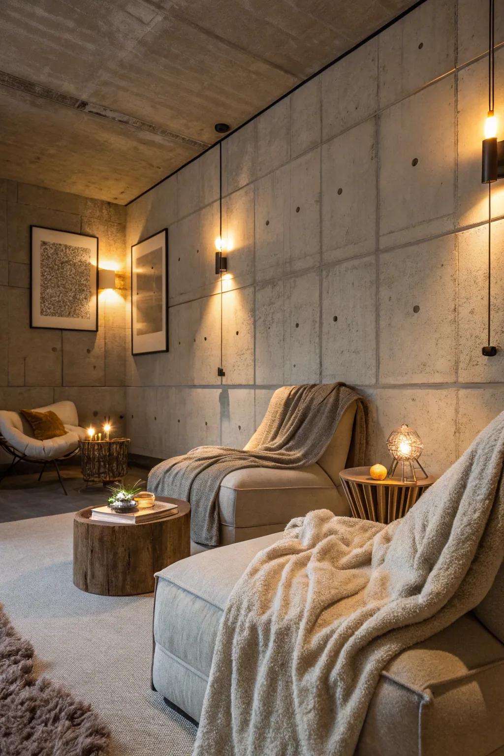 Soothing illumination turns concrete walls into a cozy haven.