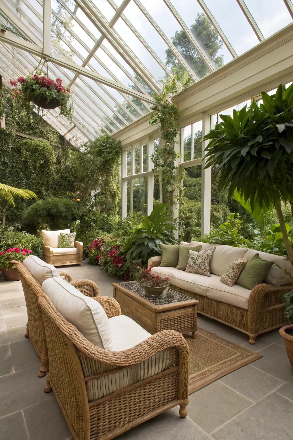 A cozy seating layout in a sunroom showcasing deluxe couches and woven chairs.