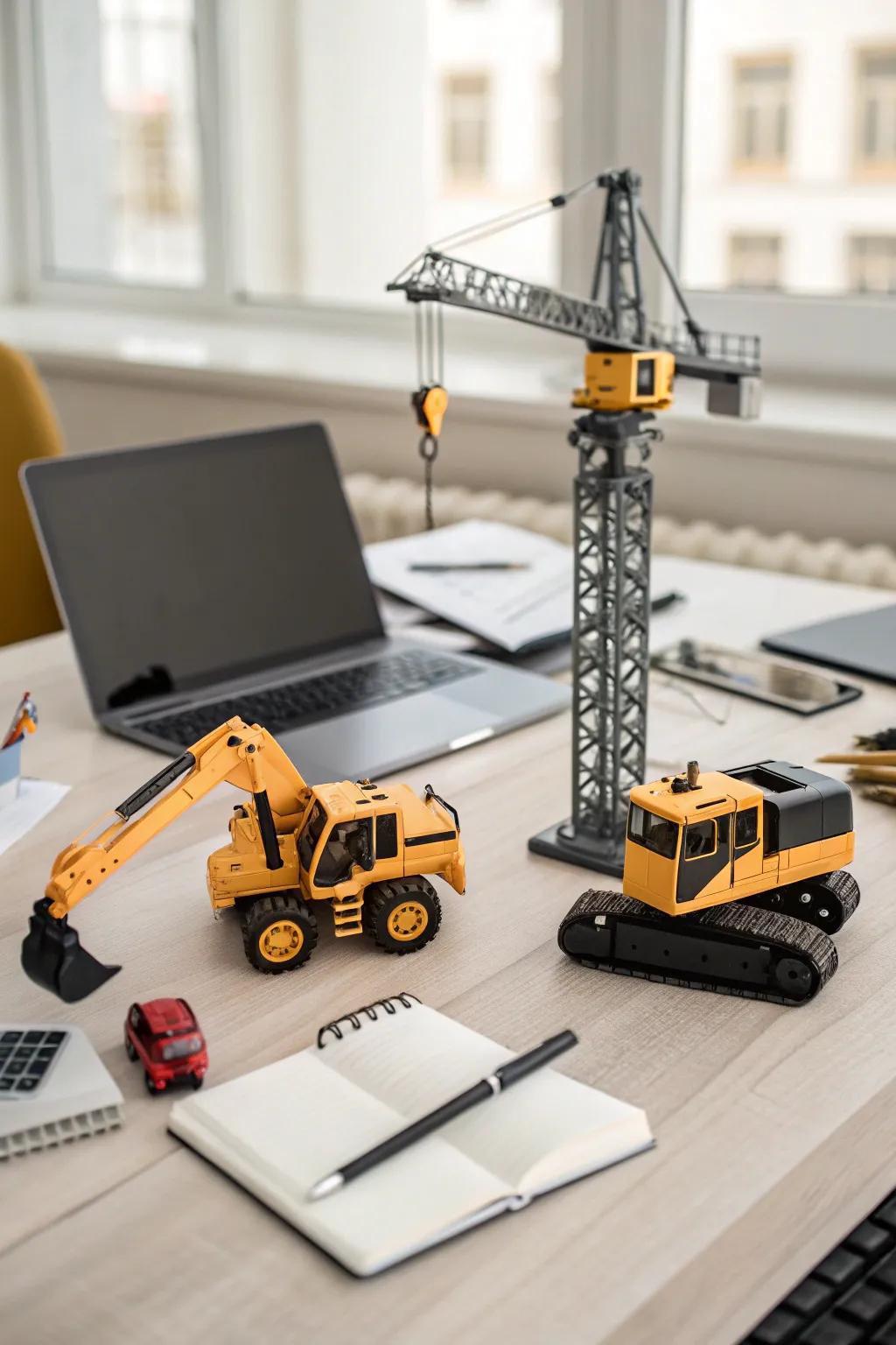 Scaled-down models of construction machinery enhance the appeal of a desk.