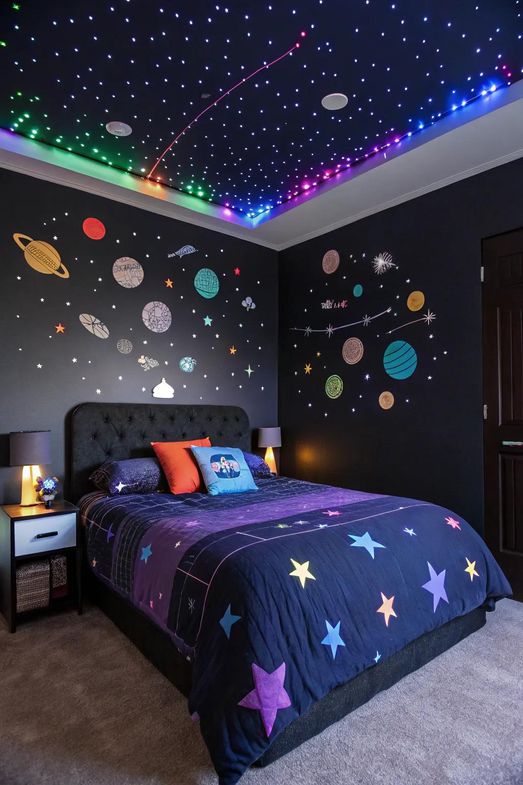 Space-themed beds transform your room into a celestial universe.