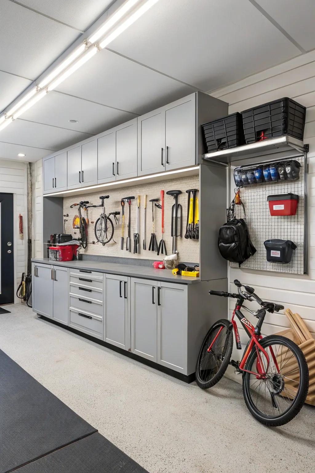 Integrated organizing transforms your garage into a tidy and effective area.