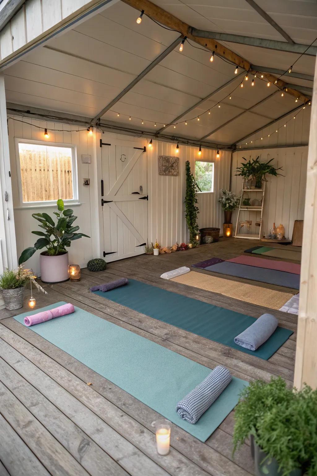 Discover serenity in a calm shed yoga room.