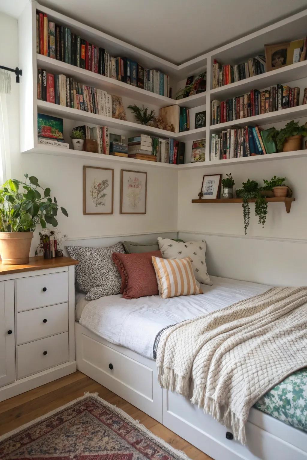 Integrated shelves contribute storage and style over a corner bed.