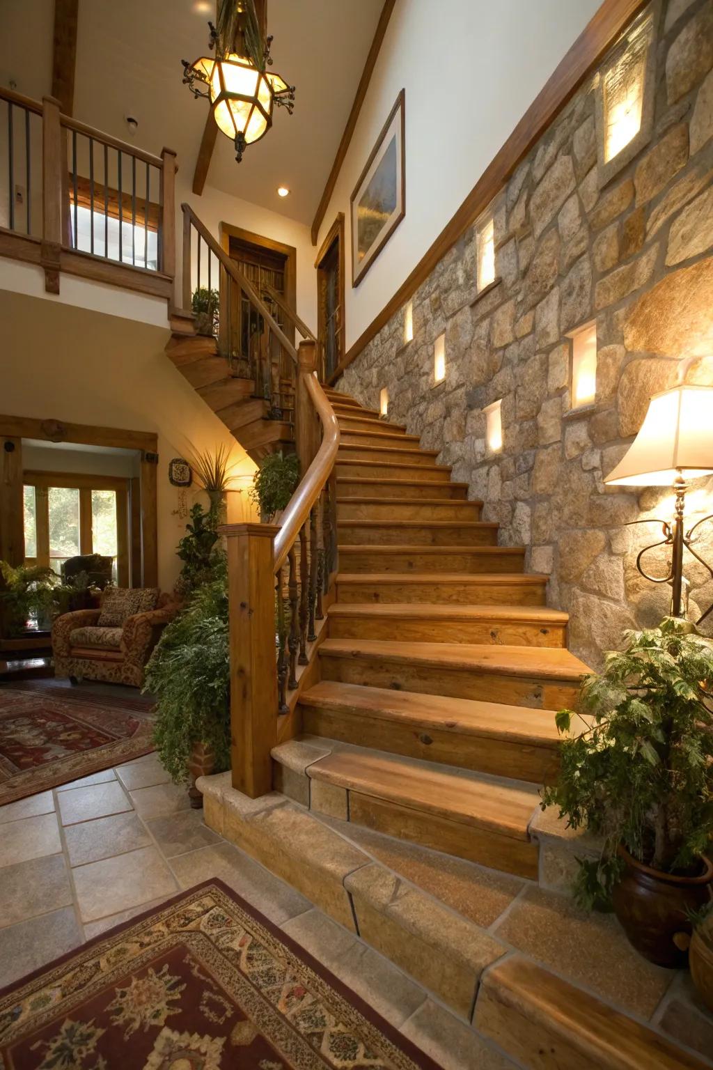 Natural materials fill corner stairs with warmth.