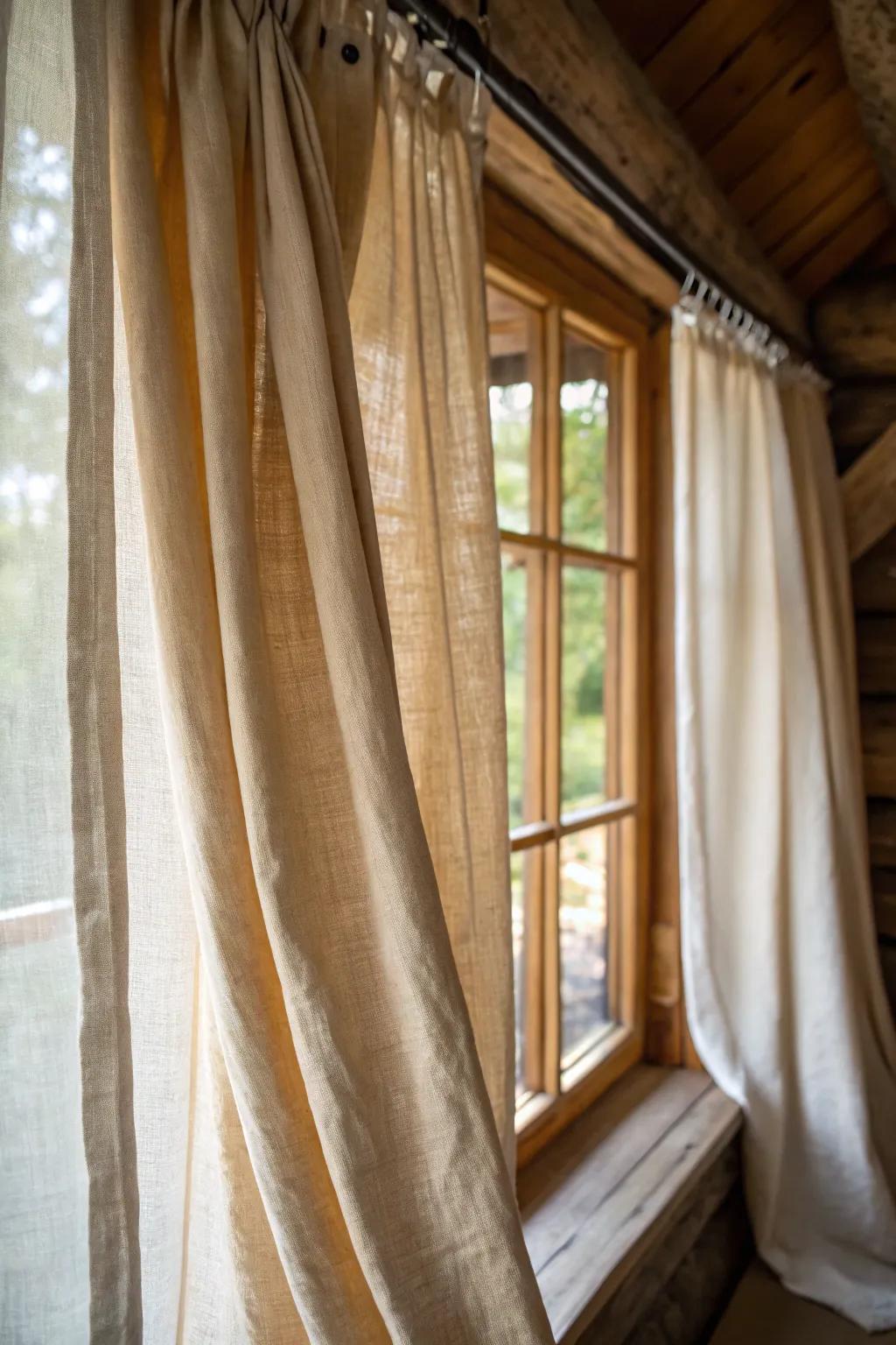 Linen window coverings deliver a simple and natural texture to country-style interiors.