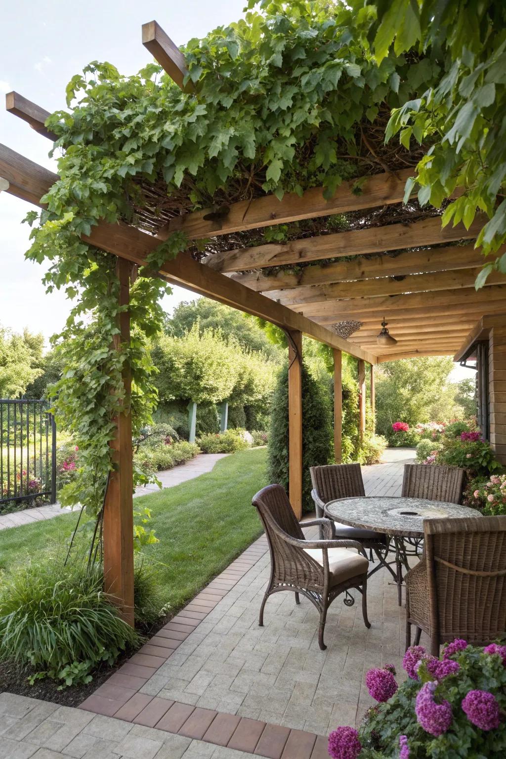 An arbor with scrambling vines provides a natural, shaded hideaway.