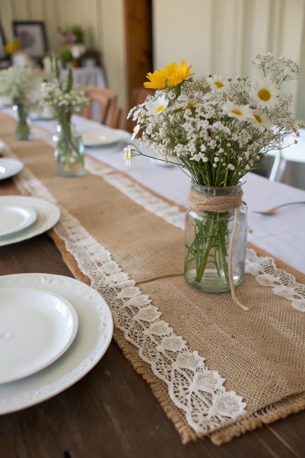 Hessian and ribbon establish a sophisticated countryside table setting.
