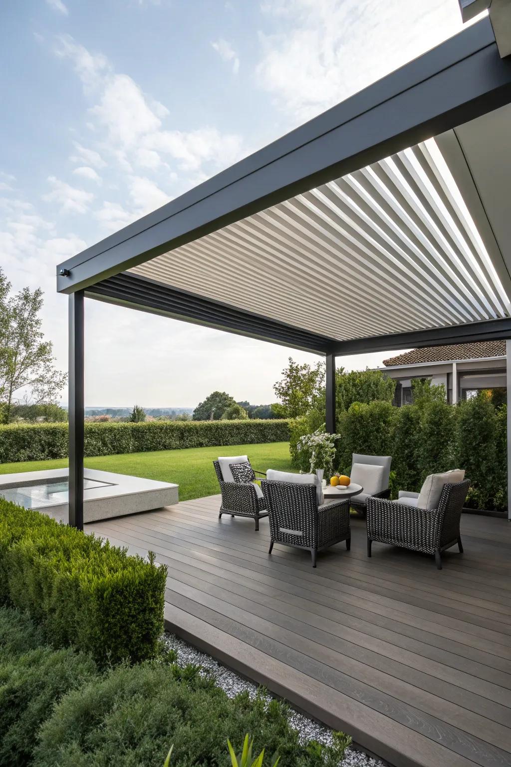 Elegant slatted roofs offer customizable shade and design for any deck.