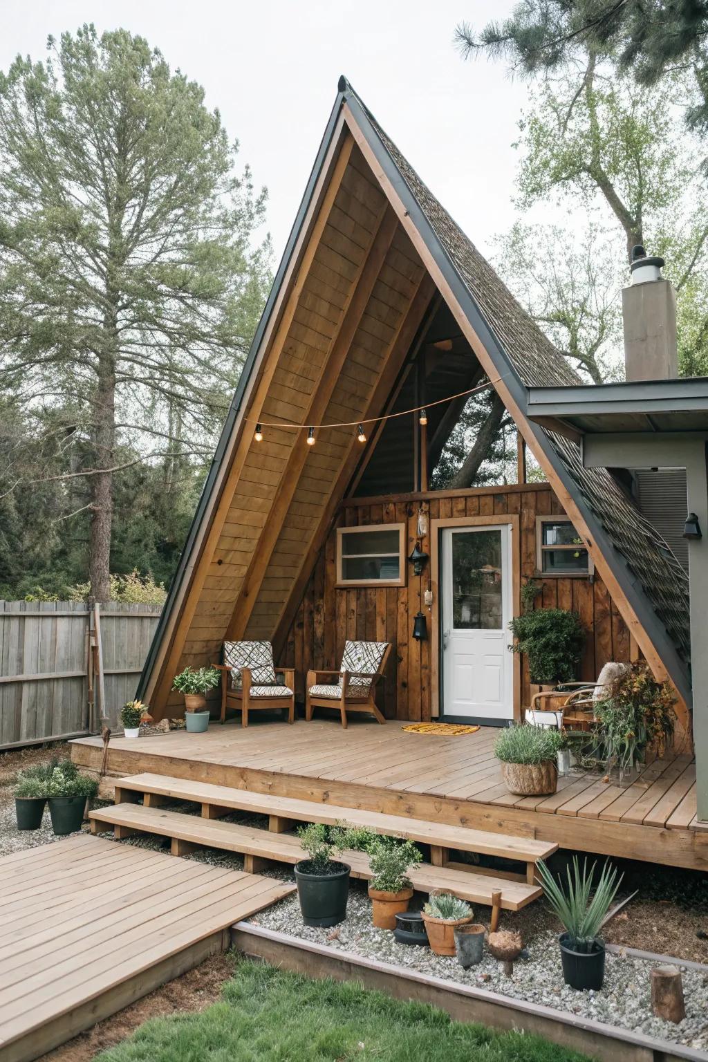 An angled framework design offers a rural hideaway feel, ideal for nature enthusiasts.