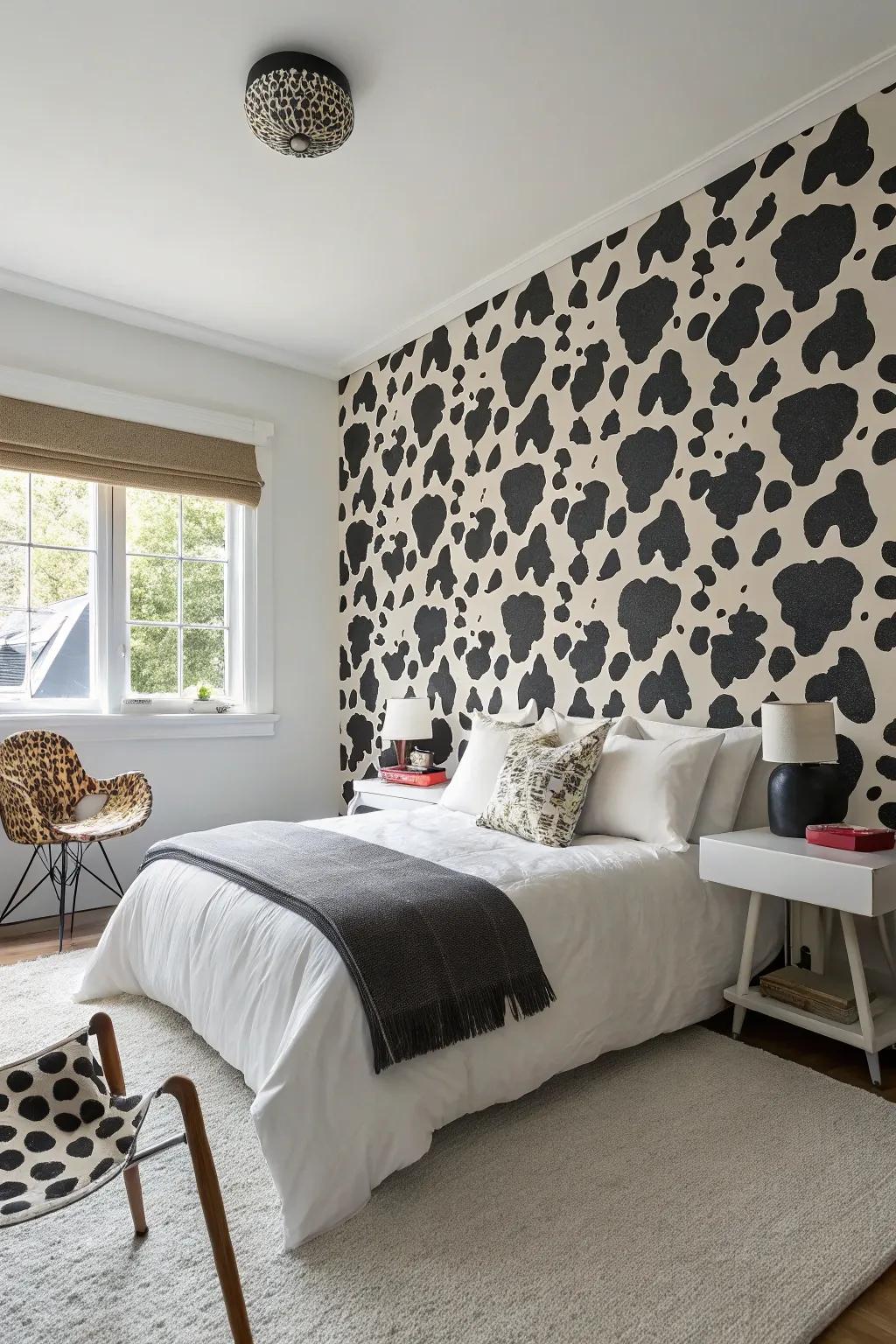 Bovine pattern wallpaper creates a daring declaration in any space.